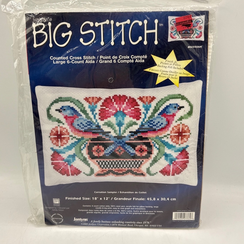 Janlynn Big Stitch Cross Stitch Kit Carnation Sampler Birds Vintage 023-0364